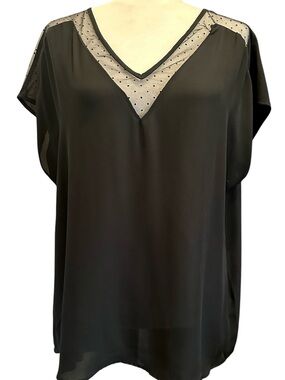 Black Sheer Blouse with V-neck Polka Dot Trim Size Tall XL